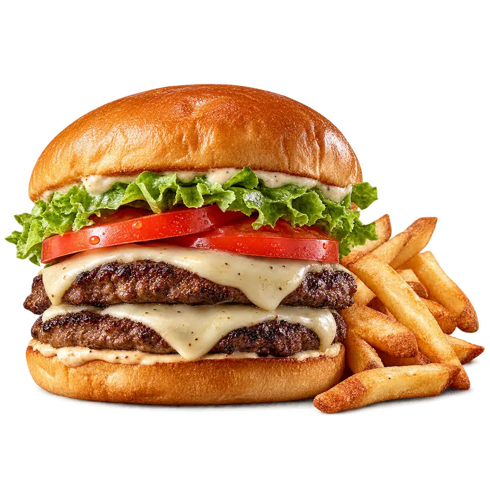 Illustration of a double cheeseburger with fries, not an official product photo